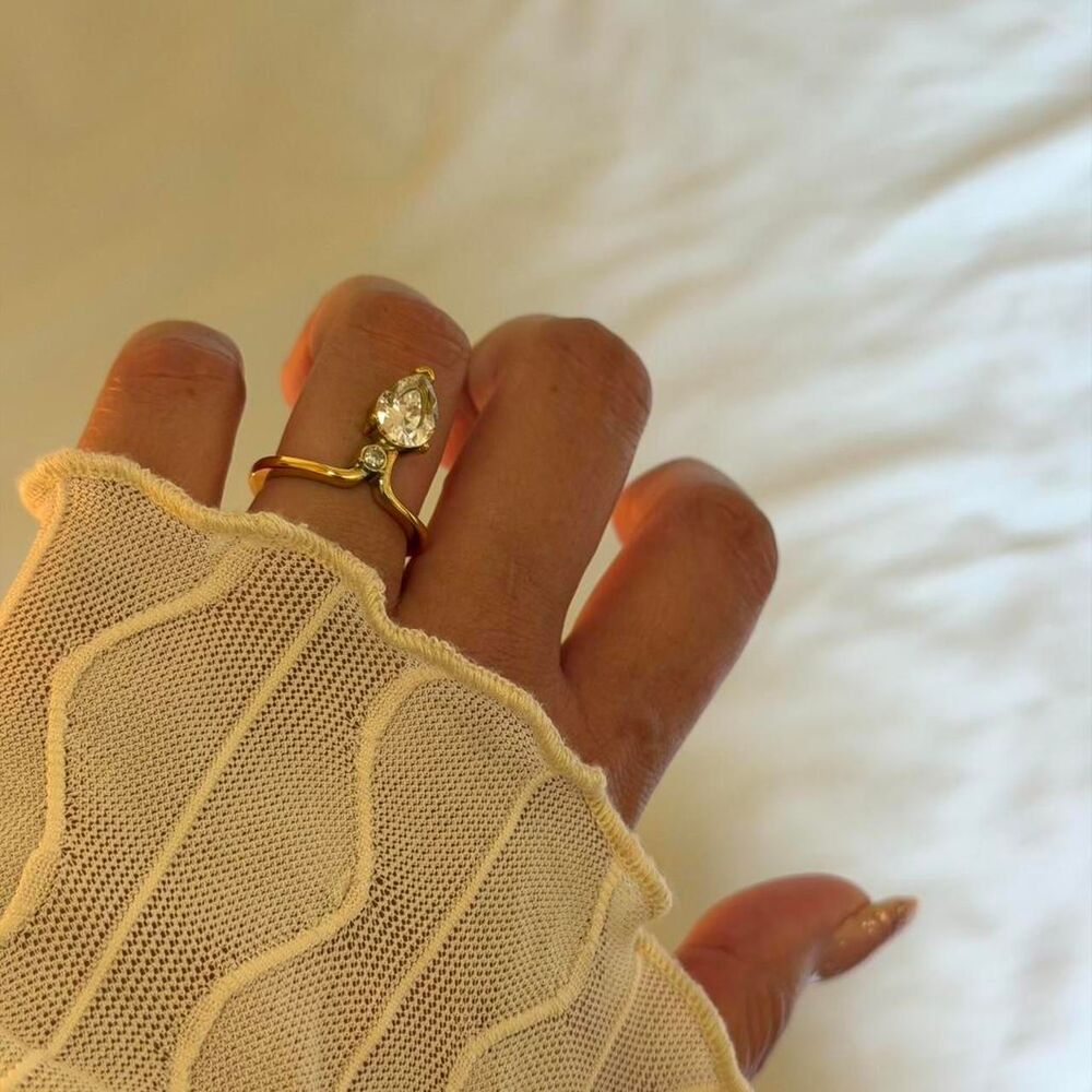 Gold Pear Cut Crystal Bypass Ring